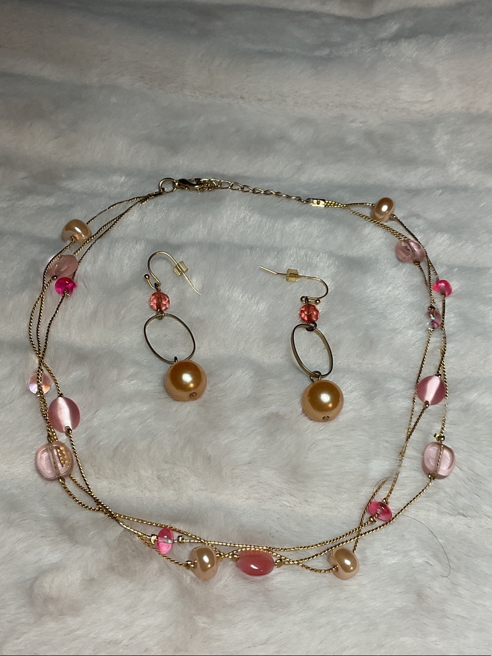 Gold-Tone Pink Beaded Multi-Strand Necklace with Matching Earrings